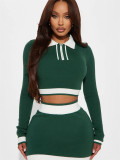 Autumn Slim Fashion Contrast Color Long-Sleeved Turndown Collar Top Bodycon Short Skirt Set