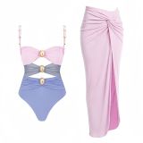 Women Solid Color Patchwork One-Piece Swimsuit