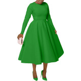 Women's Solid Round Neck Long Sleeve A-Line Dress