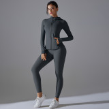Solid Color Zipper Hooded Sports Jacket Running Fitness Leggings Two-Piece Yoga Suit