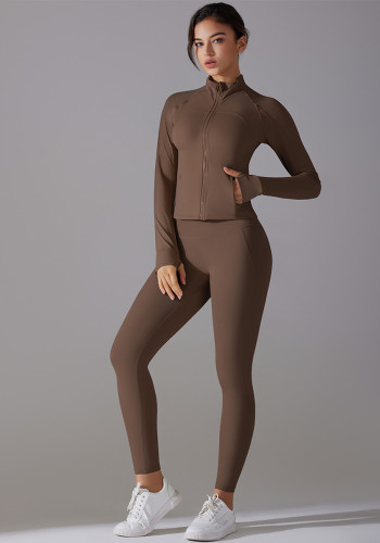Solid Color Zipper Jacket Sports Running Fitness Leggings Two-Piece Yoga Suit