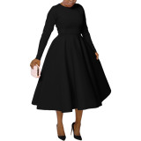 Women's Solid Round Neck Long Sleeve A-Line Dress