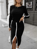 Autumn And Winter Fashion Long Sleeve Solid Color Split Women Two-Piece Skirt Set