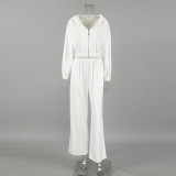 Women Autumn and Winter White Casual knitting velvet Hooded Long Sleeve Top and Pants Two Piece Set