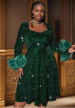 Square Neck Puff Sleeve Formal Party Chic Sequin Dress