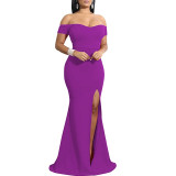 Sexy Fashion Solid Color Off Shoulder Split Dress