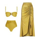 Women Bohemian Style Solid Color High Waist Two Pieces Bikini Long Skirt Three-Piece Sexy Women's Swimsuit