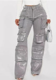 Autumn And Winter Women's Multi-Pocket Silver Denim Cargo Pants