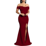 Sexy Fashion Solid Color Off Shoulder Split Dress
