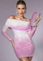 Women's Sexy Mesh Off Shoulder Beaded Long Sleeve Bodycon Slim Dress