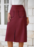 Women's Faux Suede Autumn And Winter Elastic Waist Front Pocket A-Line Midi Skirt