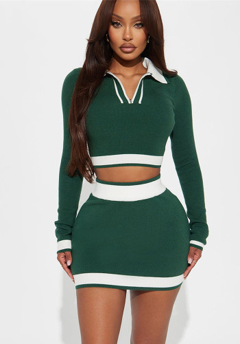 Autumn Slim Fashion Contrast Color Long-Sleeved Turndown Collar Top Bodycon Short Skirt Set