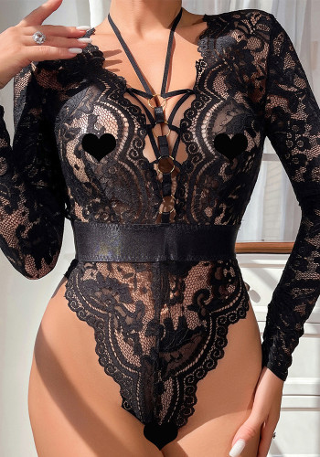 Fashionable Sexy Transparent Mesh Low Back Hollow Open Crotch Sexy Bodysuit