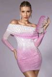 Women's Sexy Mesh Off Shoulder Beaded Long Sleeve Bodycon Slim Dress