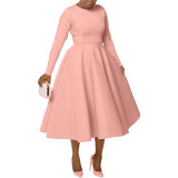 Women's Solid Round Neck Long Sleeve A-Line Dress