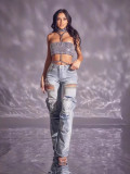 Fashionable Women's Multi-Pocket Cut Out Diamond Denim Pants