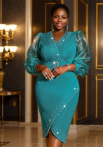 Fashion V-Neck See-Through Puff Sleeve High Waist Midi Dress Fashion V-Neck See-Through Puff Sleeve High Waist Midi Dress