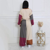 Sexy Sports Color Block Print Zipper Drawstring Design Two-Piece Pants Set