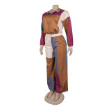 Sexy Sports Color Block Print Zipper Drawstring Design Two-Piece Pants Set
