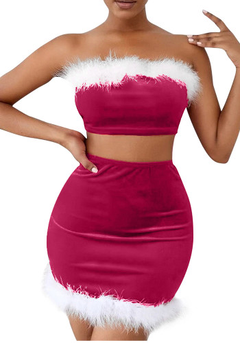 Christmas Sexy Pajamas Feather Strapless Nightclub Skirt Set
