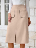 Women's Faux Suede Autumn And Winter Elastic Waist Front Pocket A-Line Midi Skirt