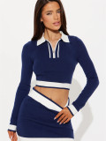 Autumn Slim Fashion Contrast Color Long-Sleeved Turndown Collar Top Bodycon Short Skirt Set