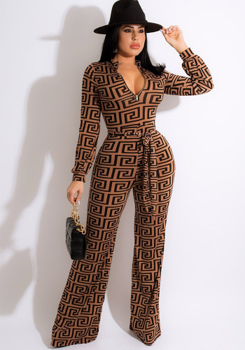 Sexy Fashion Printing Long-Sleeved V-Neck Jumpsuit