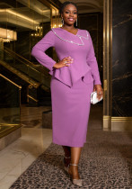 Chic Purple Ruffle Pearl Long-Sleeved Midi Dress