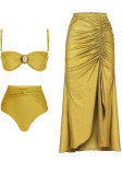 Women Bohemian Style Solid Color High Waist Two Pieces Bikini Long Skirt Three-Piece Sexy Women's Swimsuit