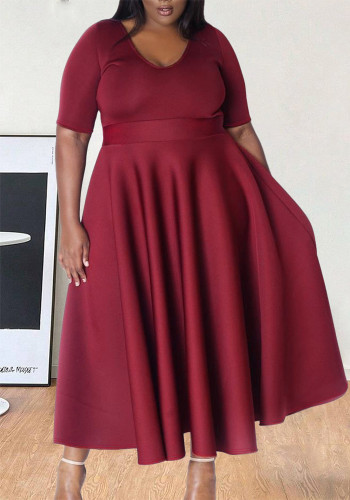 Women's Plus Size Elegant Slim Waist Round Neck Short Sleeve Solid Color Dress