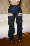 Fashionable Women's Multi-Pocket Cut Out Diamond Denim Pants