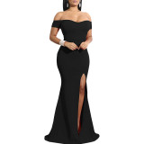 Sexy Fashion Solid Color Off Shoulder Split Dress