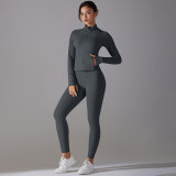 Solid Color Zipper Jacket Sports Running Fitness Leggings Two-Piece Yoga Suit