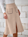 Women's Faux Suede Autumn And Winter Elastic Waist Front Pocket A-Line Midi Skirt