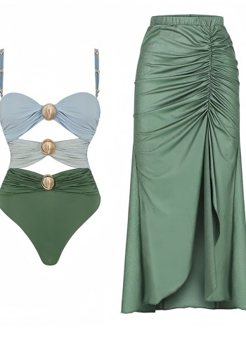 Women Solid Color Patchwork One-Piece Swimsuit