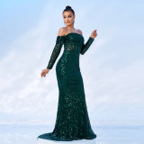 Women Off Shoulder Long Sleeve Sequin Formal Party Fishtail Evening Dress