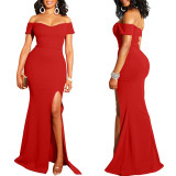 Sexy Fashion Solid Color Off Shoulder Split Dress