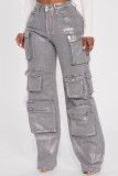 Autumn And Winter Women's Multi-Pocket Silver Denim Cargo Pants