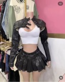 Women Vintage PU-Leather Jacket Top and Skirt Two-piece set