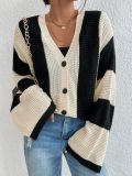 Fashionable Autumn And Winter Women's Striped Contrast Color Bell Bottom Sleeve Loose Knitting Cardigan