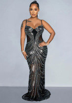 Women Mesh See-Through Beaded Suspender Sexy Backless Bodycon Dress Women Mesh See-Through Beaded Suspender Sexy Backless Bodycon Dress