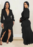 Women Elegant V-neck Slit Long Sleeve Solid Dress
