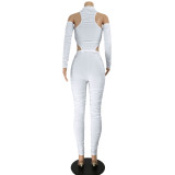 Women off-shoulder stand collar irregular pleated top and pants two-piece set