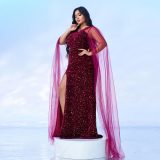 Plus Size Women Long Sleeve V-neck Formal Party Sequined Fishtail Evening Dress Dress
