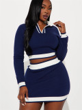 Autumn Slim Fashion Contrast Color Long-Sleeved Turndown Collar Top Bodycon Short Skirt Set