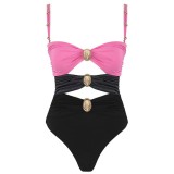 Women Solid Color Patchwork One-Piece Swimsuit