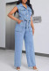 Women Lace-up Patchwork Washed Sleeveless Denim Jumpsuit