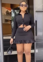 Women Turndown Collar Lace Long Sleeve Top and Ruffle Skirt Two-piece Set