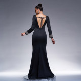 Women Round Neck Long Sleeve Beaded Formal Party Bodycon Evening Dress