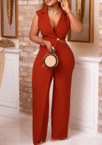 Women's Chic Elegant Turndown Collar Slim Waist Chain Loose Wide Leg Jumpsuit